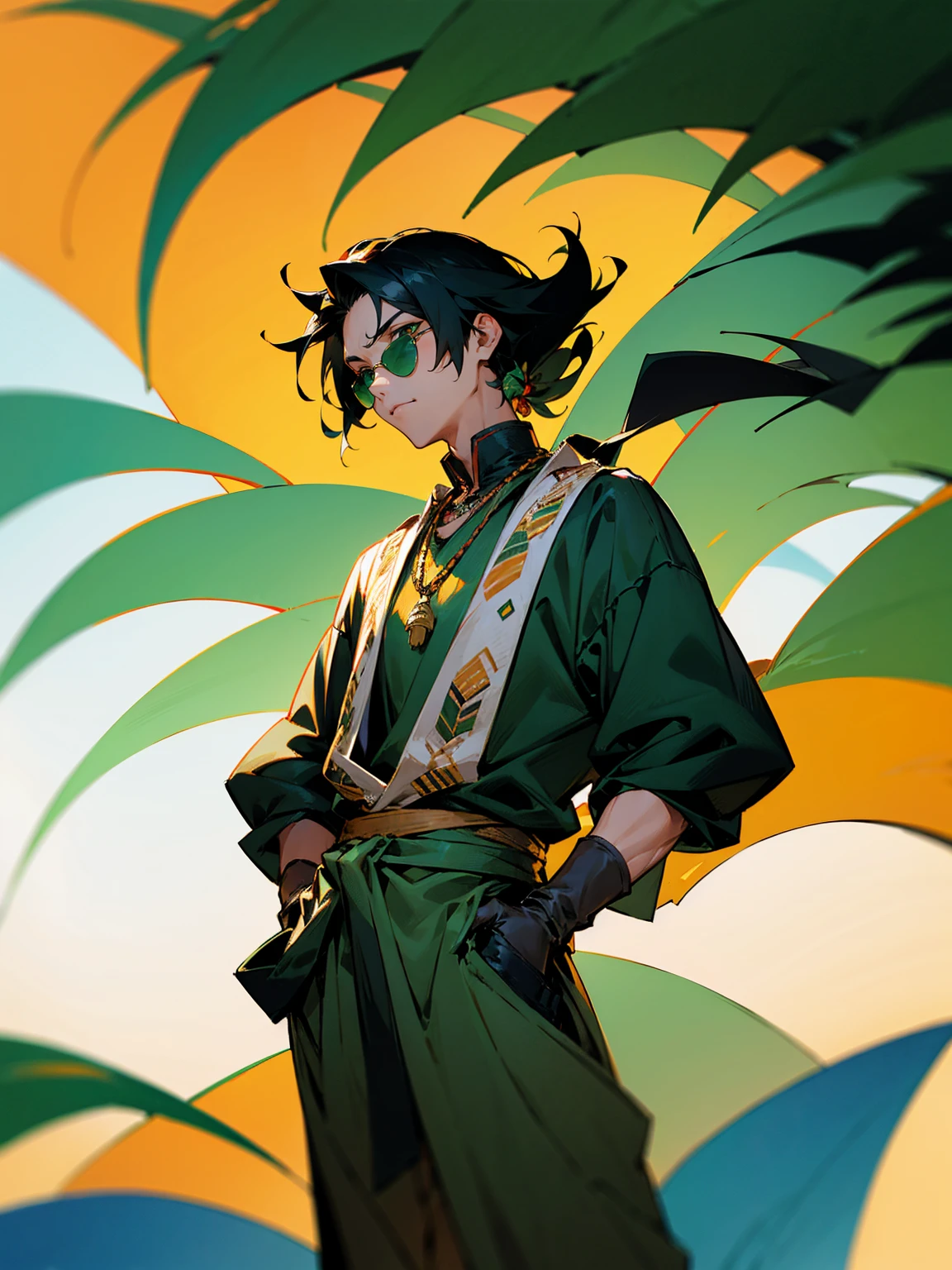 1male, black hair, hawaiian hair, green eyes, tied to the back, sunglasses, african outfit, gloves, lazy expression, hands in pocket, plains