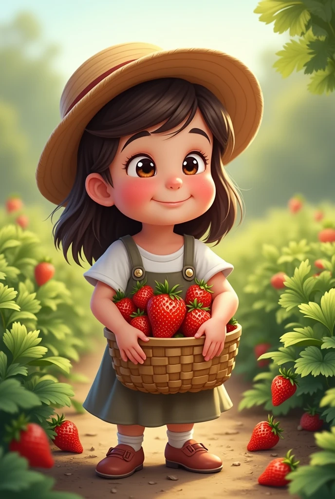 cartoon style, young girl 5 in garden holding strawberry basket