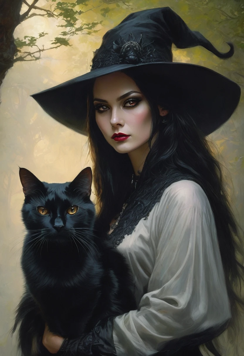 Arafed woman with a black cat and a black hat, digital art by Yang J, Trends in CG society, Gothic art, gothic fantasy art, beautiful witch, with bewitching eyes, fantasy art style, portrait of a gothic catgirl, dark fantasy style art, fantasy art portrait, Portrait of a dark witch, artistic style tom bagshaw