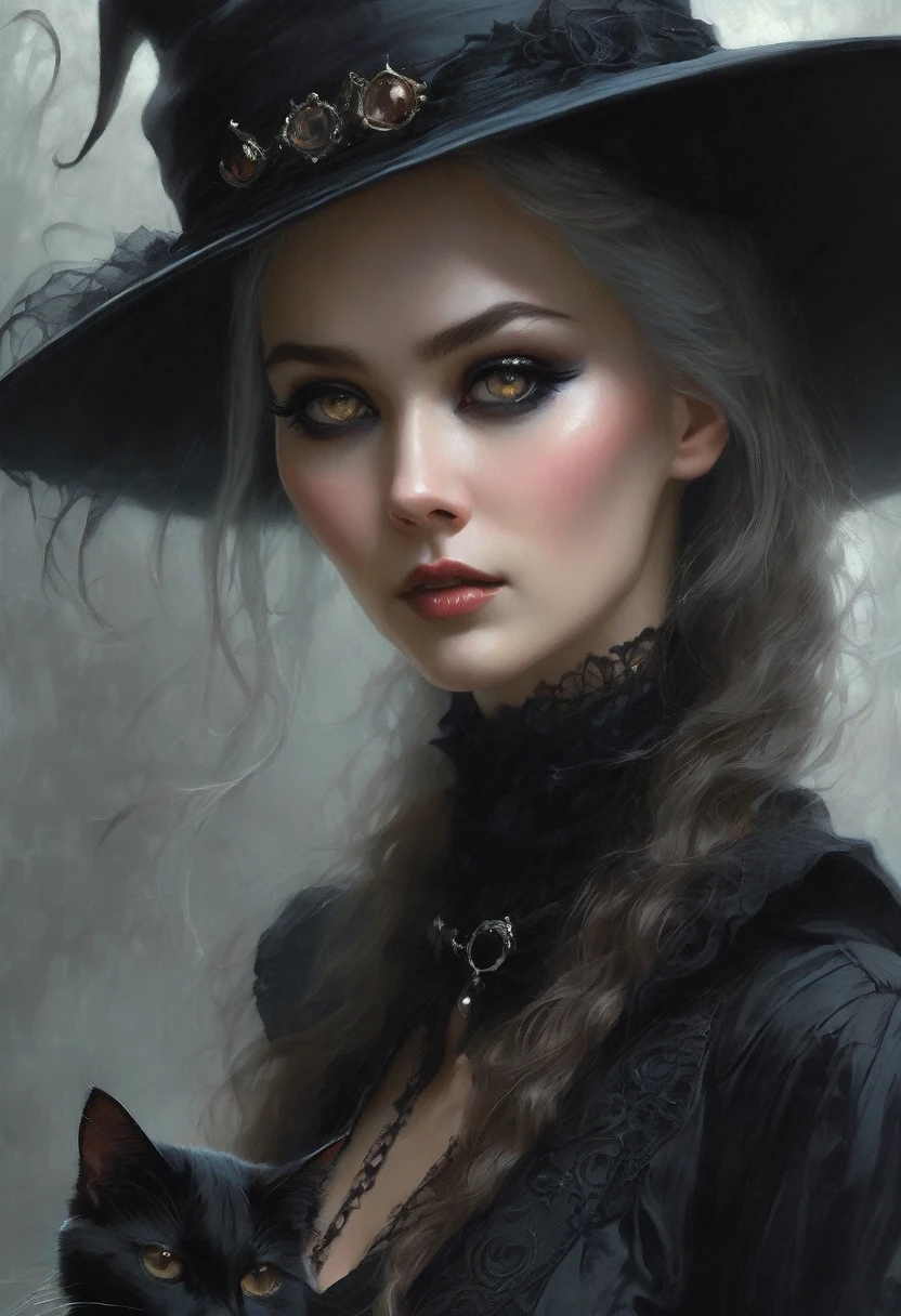 Arafed woman with a black cat and a black hat, digital art by Yang J, Trends in CG society, Gothic art, gothic fantasy art, beautiful witch, with bewitching eyes, fantasy art style, portrait of a gothic catgirl, dark fantasy style art, fantasy art portrait, Portrait of a dark witch, artistic style tom bagshaw