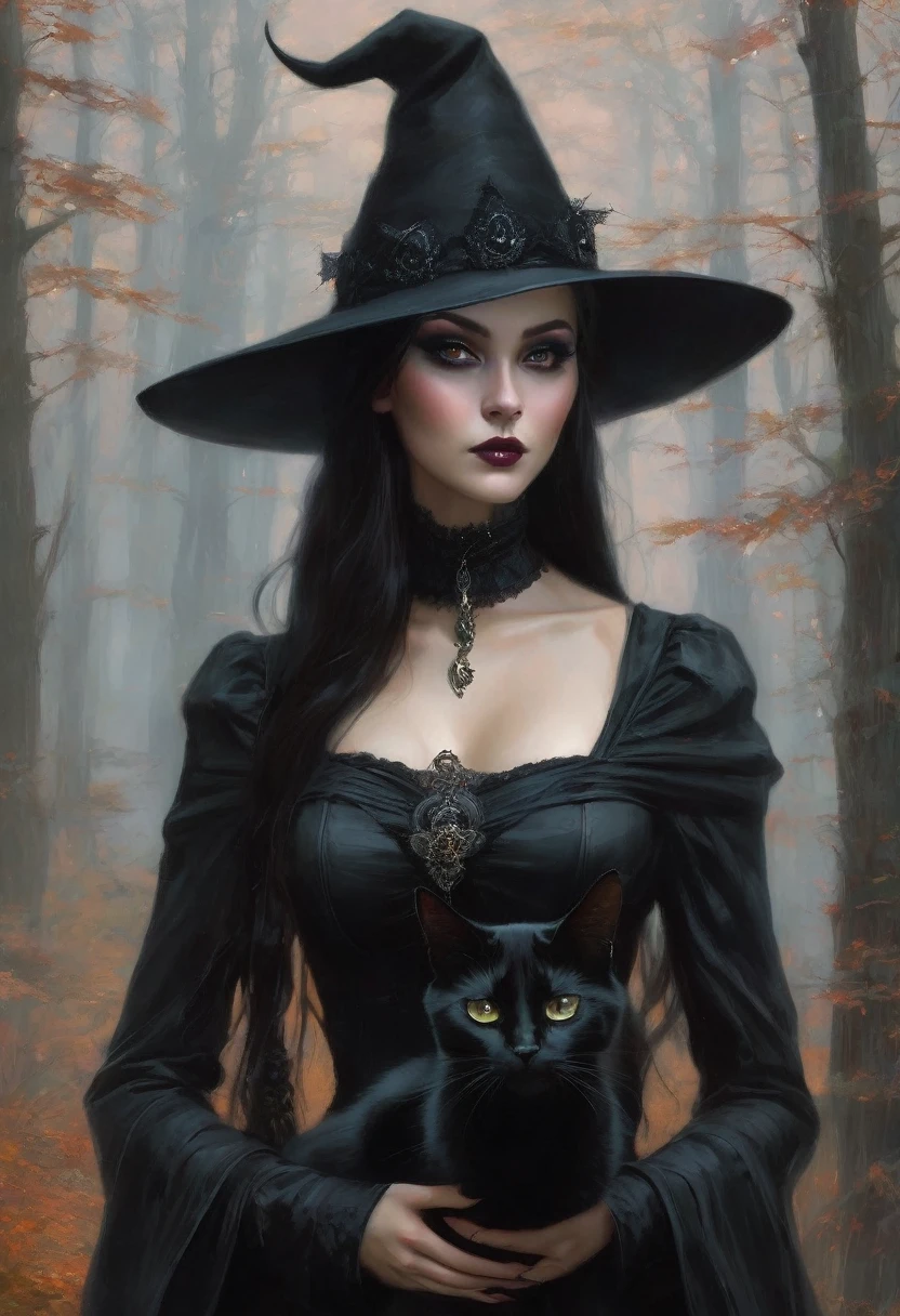 Arafed woman with a black cat and a black hat, digital art by Yang J, Trends in CG society, Gothic art, gothic fantasy art, beautiful witch, with bewitching eyes, fantasy art style, portrait of a gothic catgirl, dark fantasy style art, fantasy art portrait, Portrait of a dark witch, artistic style tom bagshaw