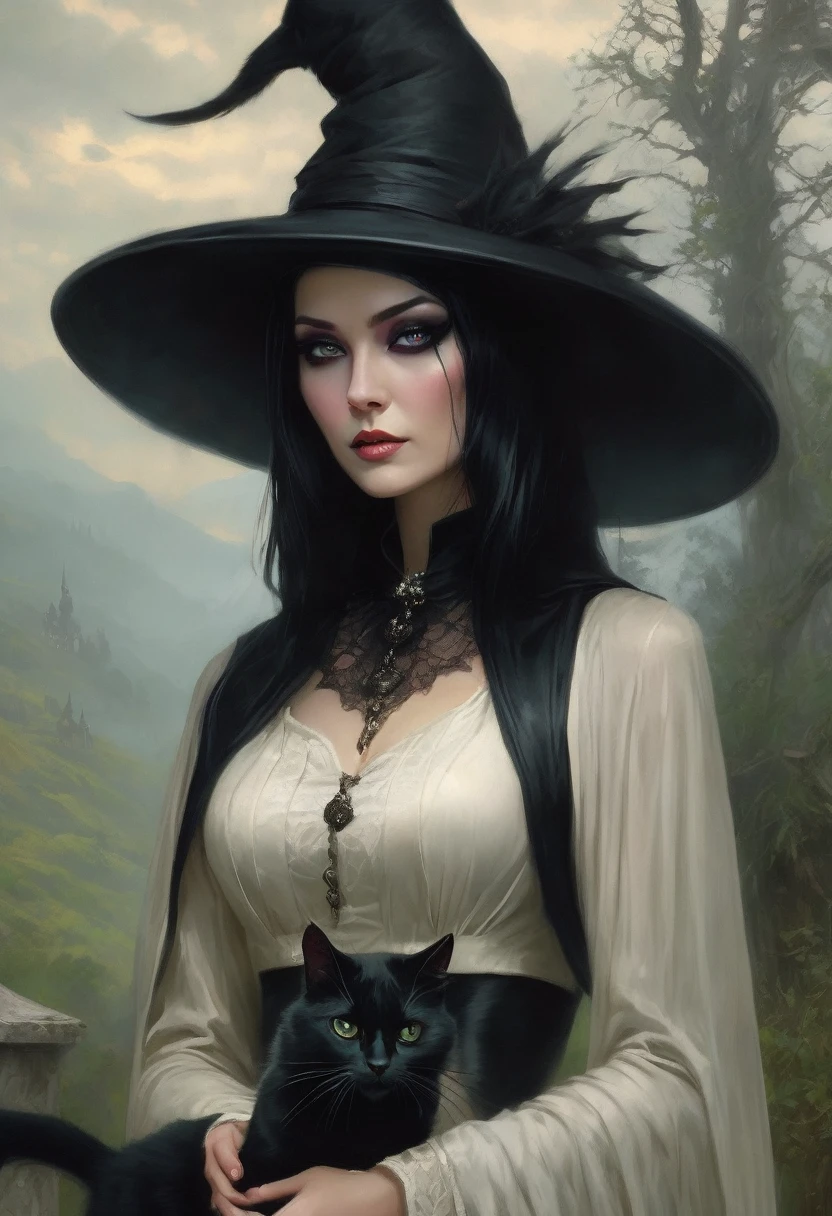 Arafed woman with a black cat and a black hat, digital art by Yang J, Trends in CG society, Gothic art, gothic fantasy art, beautiful witch, with bewitching eyes, fantasy art style, portrait of a gothic catgirl, dark fantasy style art, fantasy art portrait, Portrait of a dark witch, artistic style tom bagshaw