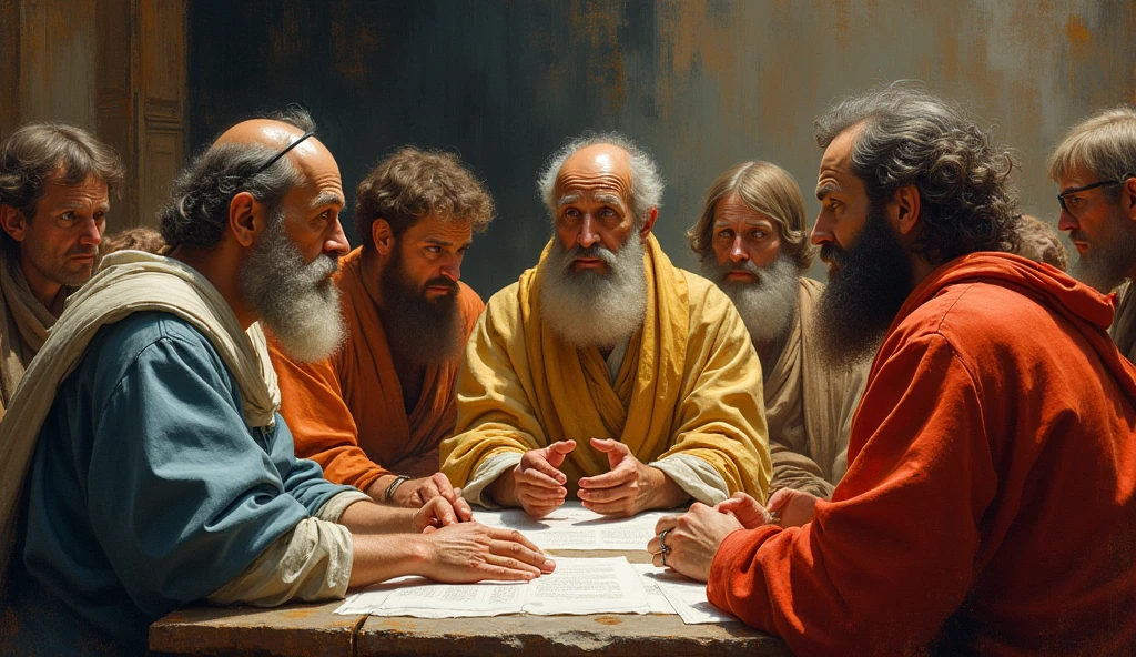 A classic painting depicting the wisdom of Solomon, with artistic elements such as vibrant brushstrokes. The image shows Solomon surrounded by philosophers and scholars in an environment of intellectual debate..