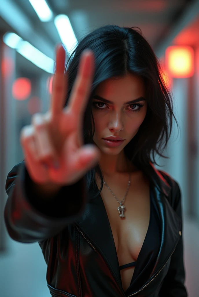 I need you to create an image that features the same woman you just created., but this time taking a selfie while covering his face with his right hand and making the gun sign with this same hand, So 👈