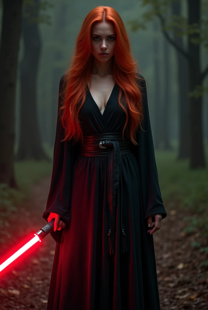 (full body shot:1) photorealistic image of a (standing pose:1) ultrarealistic, photography, long red hair, woman, 24 years old, hourglass figure, perfect body, seductive look, natural medium breasts, blur background, in complete darkness, she is wearing a sith robe, she is holding a red lightsaber, the lightsaber is the only lightsource, in the woods, fighting against a jedi rookie wit ha green ligtsaber