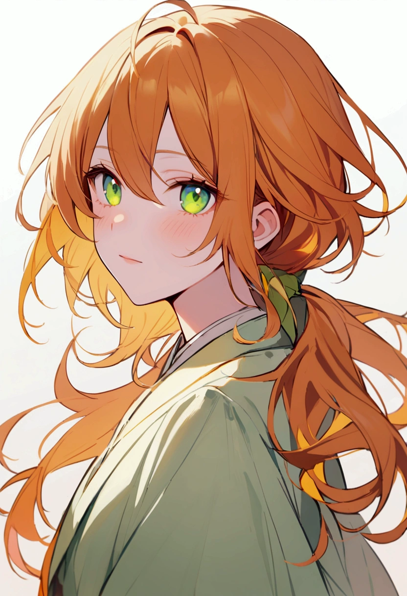 Leo is a little shorter than your average boy with an average build.. Her hair is of medium length, somewhat disheveled and orange in color, with a low ponytail and bangs that part in the middle. He has light green eyes.