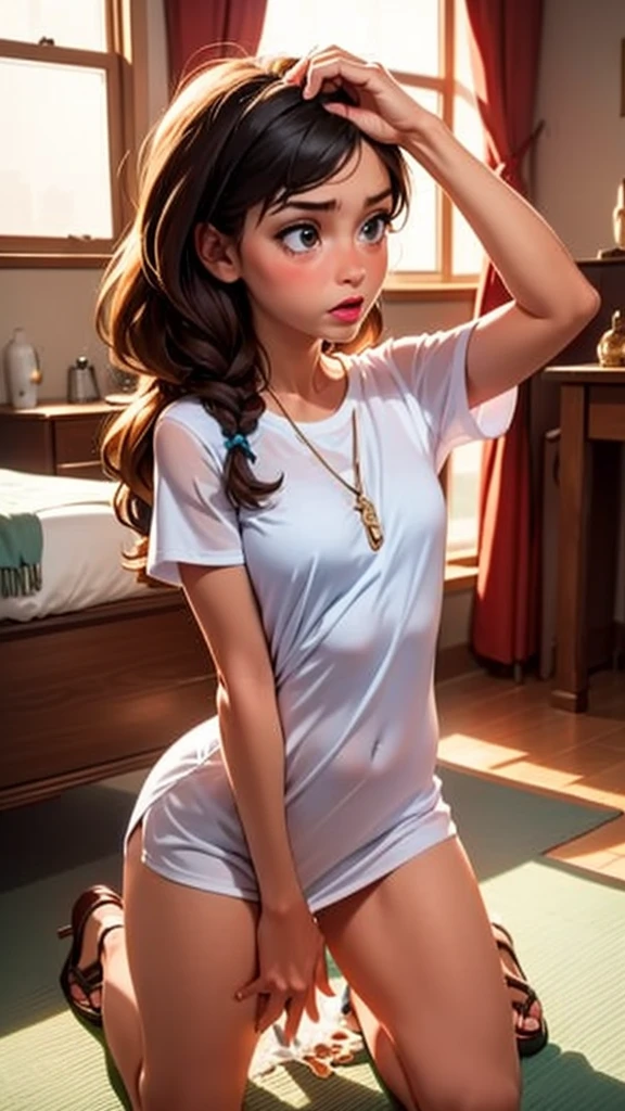 score_9, score_8_up, score_7_up, 1boy, 1girl, mature female, (mother and son), kid, hand on head, kneeling, in a room, bukkake, boy small dick, boy 8-year-old