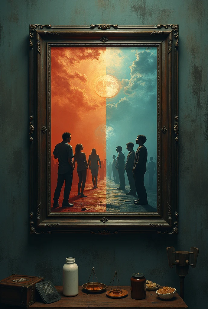 Music album cover frame, with images referring to illegal substances and their negative and positive influence on society, showing its polarity around