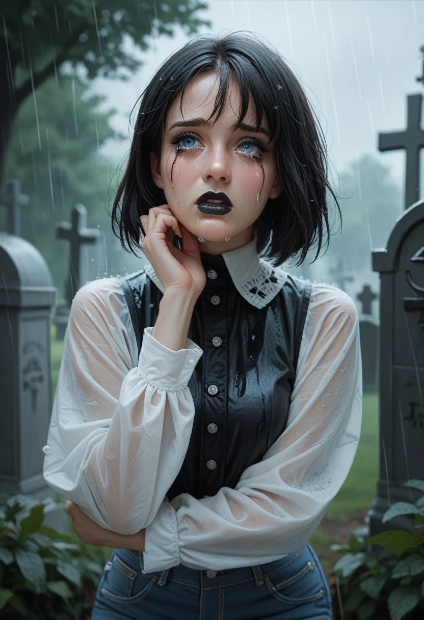 1 girl, solo, wet skin, sinister, female, thin, pale, looking at the camera, ultra realistic, fully detailed, cemetery environment, bright eyes, black shirt, putrid wounds, , terrifying, bruised by the body, exposed fracture in the collarbone, slight smile, super detailed, black short hair, black cap,