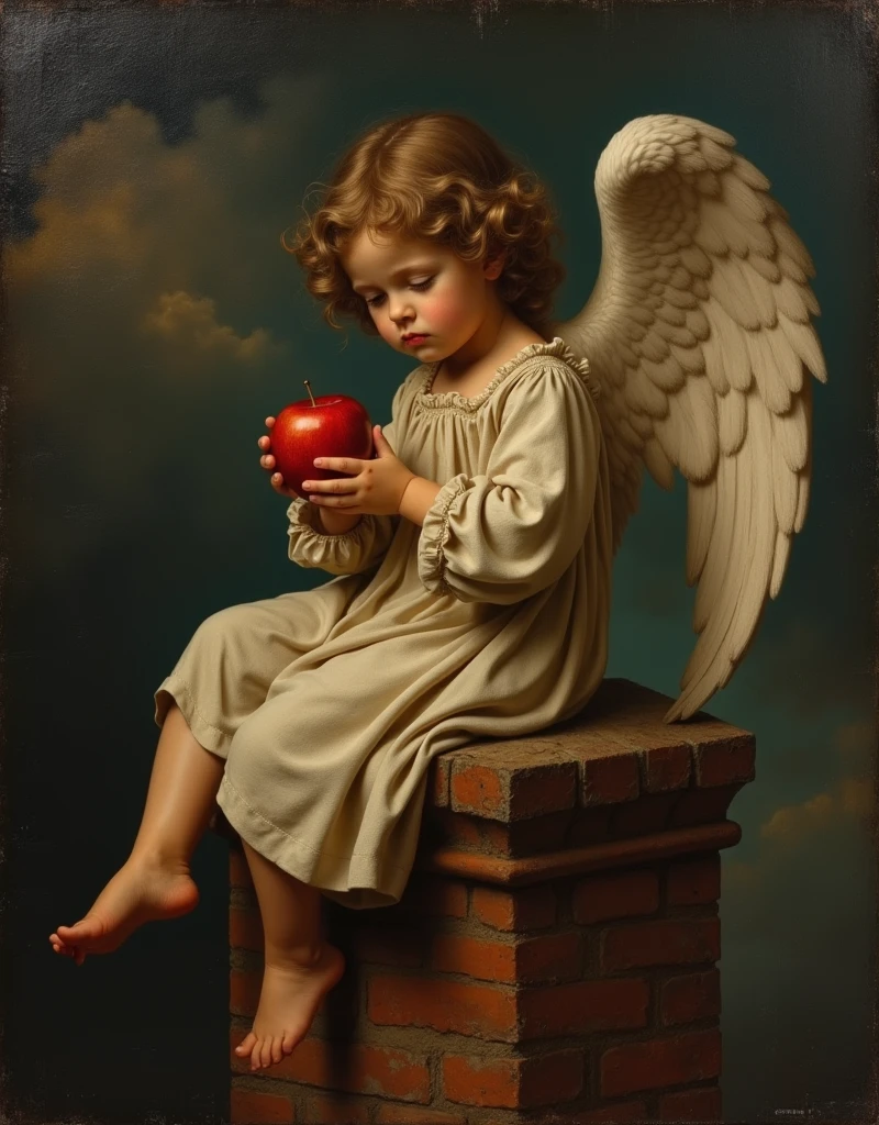 ((dark Renaissance)) ((little angel girl with apple)), solo, ((sitting on the chimney)), nimb, dark clouds, black sad eyes, half-turned gaze to the viewer, bowed head, tunic, curly brown hair, ((Rafael Santi style)), dark Renaissance, gradient of aged yellowed canvas, ((best quality, masterpiece)), (more rights high detail), Impressionism:1.1 , 8k