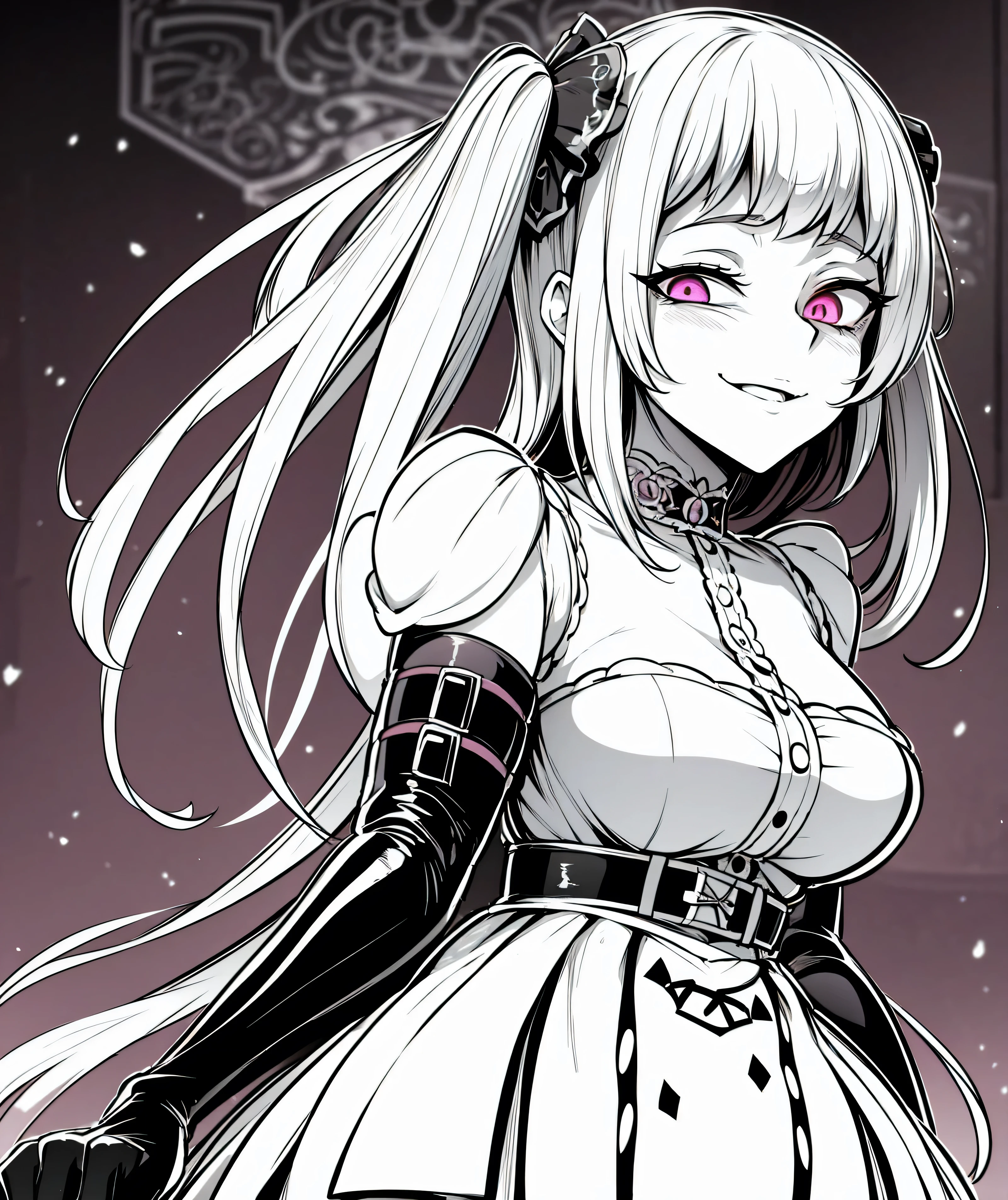 Close-up of a woman holding a knife and a dress, On pixiv, On pixiv Top Rated, pixiv style, pixiv Contest Winner,Wicked Smile,Anxious smile, Pixiv 3DCG, Gothic Maiden Anime Girl, Anime Monster Girl, 1 7 year old anime goth girl, ahegao, Anime Moe Art Style, Enchanting anime girl,latex,elbow gloves,