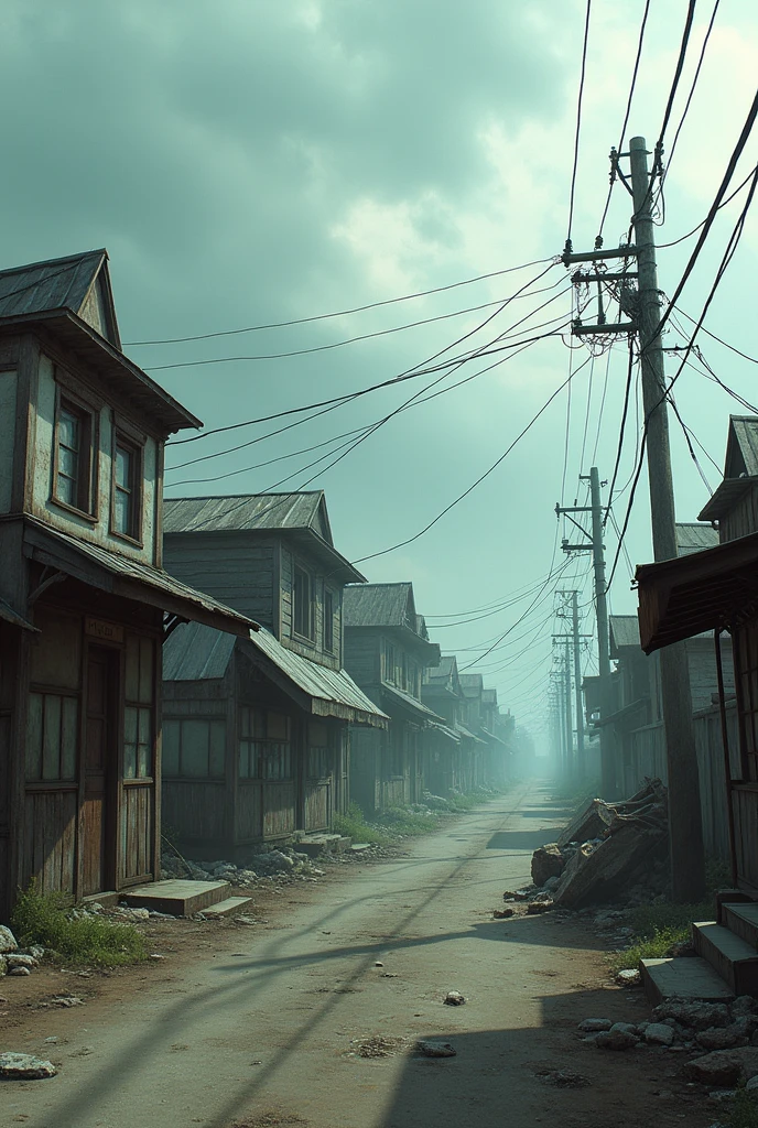 Kiosks on a lonely street with old houses are knocked down by the strong wind
