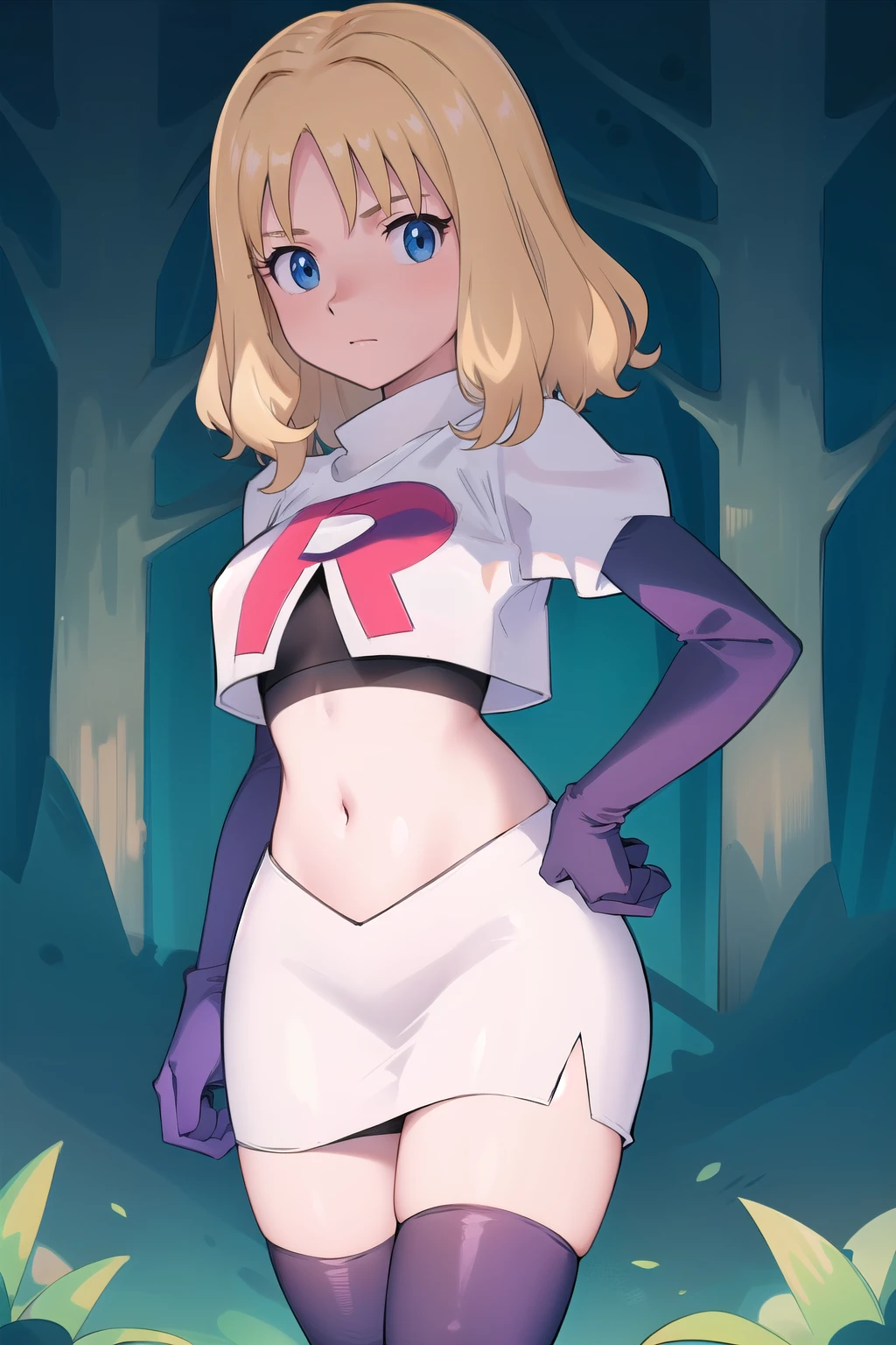 1girl, sxhelen, blonde hair, medium hair, blue eyes, team rocket,team rocket uniform,white skirt,red letter R,crop top,black thigh-highs,black elbow gloves, forest,