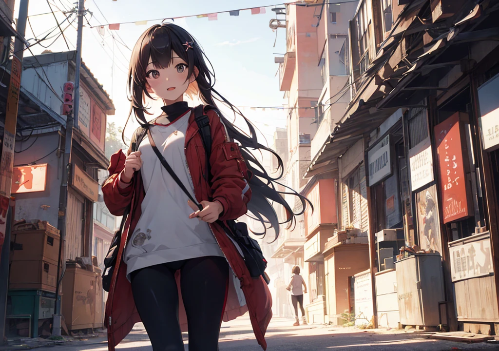Realistic photos, Focus distance 10mm, Red and white, Beautiful girl, Realistic photos, Shooting at focus distance 10mm, masterpiece, 最high quality, high quality, Very detailed CG 8k wallpaper unit, Award-winning photography, Depth of written boundary, High resolution, bloom, chromatic aberration, Realistic, Very detailed, Art Station Trends, CGsociety Trends, Complex, High detail, dramatic, Art on the go, volumetric lighting, A cheerful young girl playing in an alleyway of an Indian city, wearing a casual kurta and leggings, with the bustling cityscape in the background