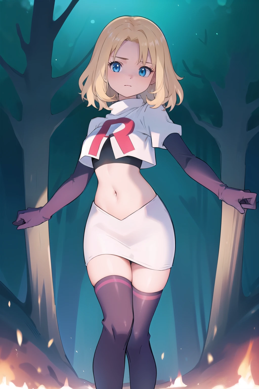 1girl, sxhelen, blonde hair, medium hair, blue eyes, team rocket,team rocket uniform,white skirt,red letter R,crop top,black thigh-highs,black elbow gloves, forest,