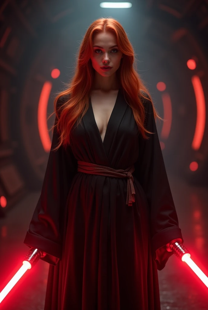 (full body shot:1) photorealistic image of a (standing pose:1) ultrarealistic, photography, long red hair, woman, 24 years old, hourglass figure, perfect body, seductive look, natural medium breasts, blur background, in complete darkness, she is wearing a sith robe, she is holding a red lightsaber, the lightsaber is the only lightsource, on a dark spacestation, a trail of defeated jedis is behind her
