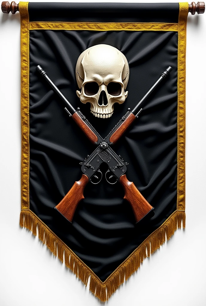 Make a triangular flag and make it horizontal and make the background black and the edges gold.. And it has a skull embroidery in the center and crossed rifles.