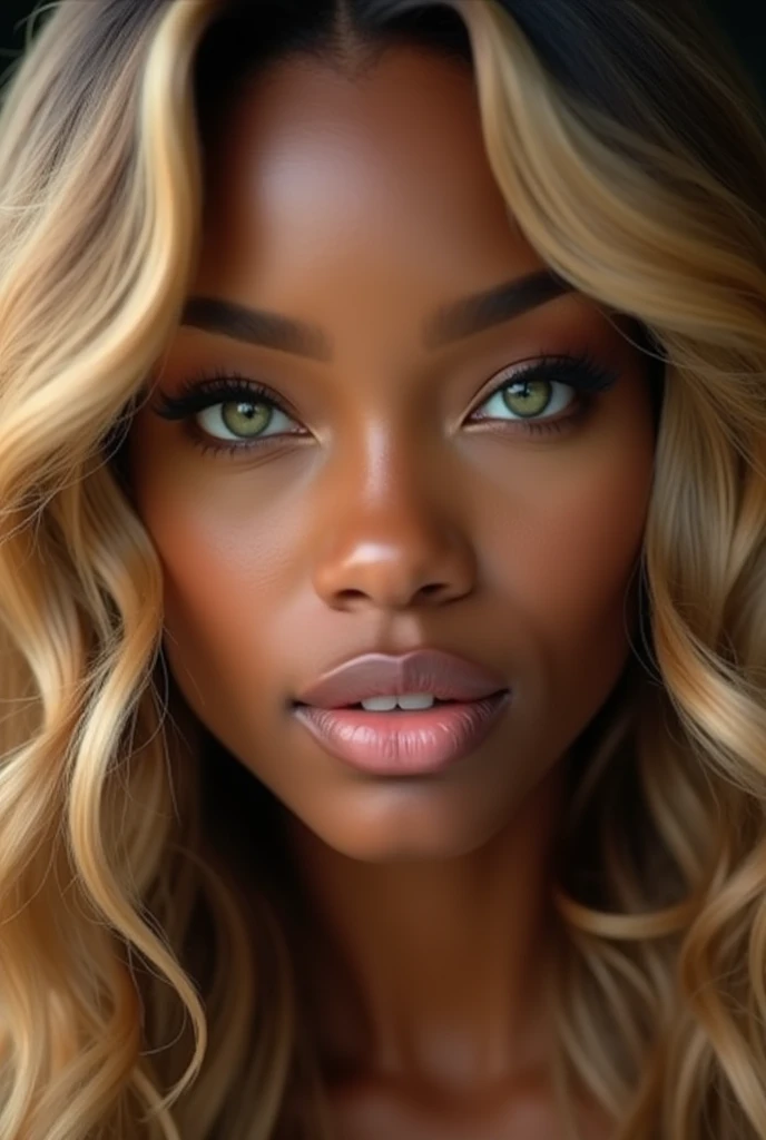Black woman golden honey blonde hair with voluminous waves, water green eyes and pink lips