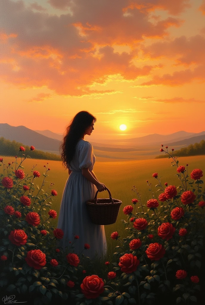Canvas painting of black silhouette of woman picking roses in field with basket and sunset