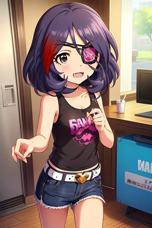 Hayasaka Mirei,purple hair,multicolored hair,fang,brown eyes,short hair,eyepatch,Tank top,Denim shorts,shorts rolled,belt