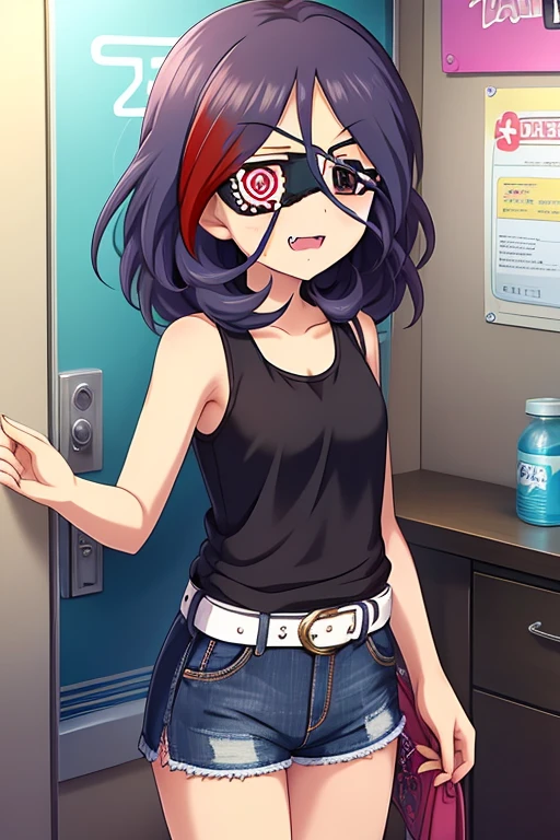 Hayasaka Mirei,purple hair,multicolored hair,fang,brown eyes,short hair,eyepatch,Tank top,Denim shorts,shorts rolled,belt