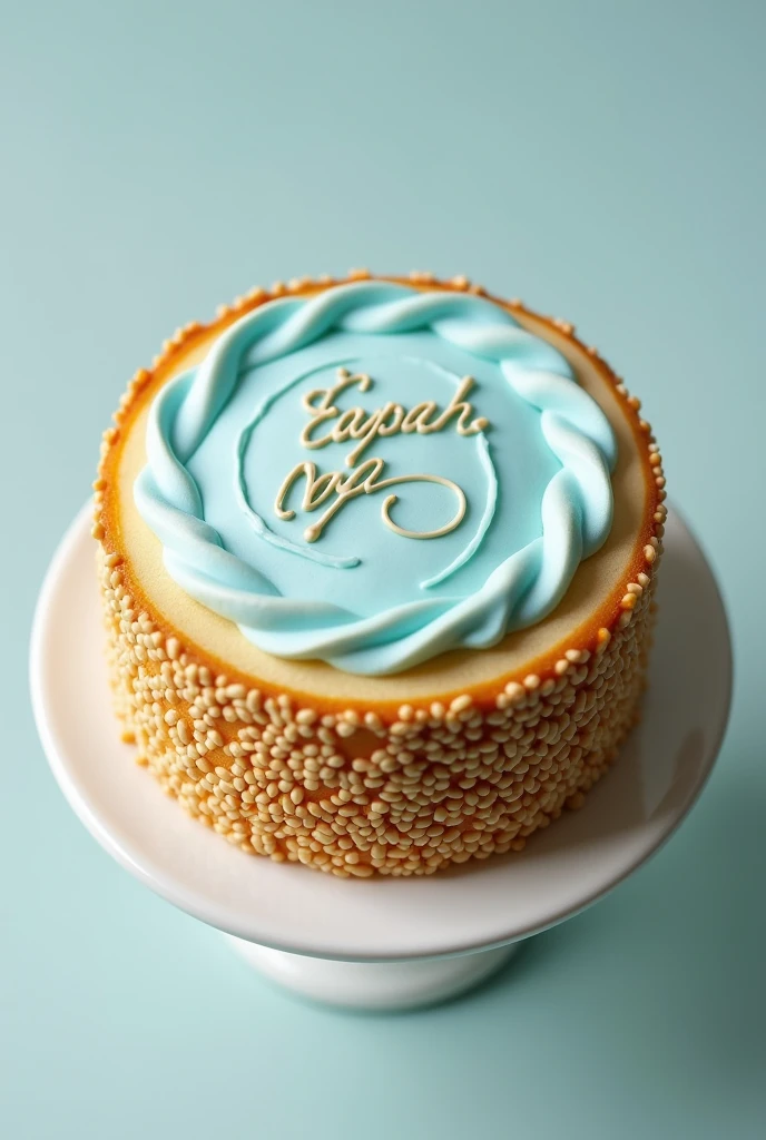 A sesame cake with a brand logo decorated with light blue cream