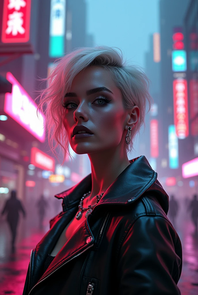 Blonde girl with glam trashy dark makeup in a cyberpunk city