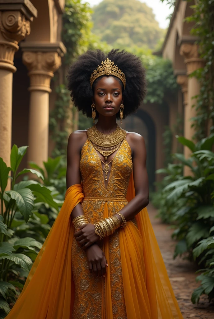 "Generate a photorealistic image of a regal African woman in her mid-20s, standing tall in an opulent, overgrown ancient courtyard. She has radiant dark skin, high cheekbones, and eyes full of wisdom and strength. She is dressed in a luxurious, flowing traditional gown of deep gold, adorned with intricate patterns and beaded accents. Her elaborate hairstyle is complemented by a stunning, gold-encrusted crown that signifies her royal heritage. She wears traditional African jewelry, including layered necklaces, bracelets, and ornate earrings. The setting features dense tropical foliage and crumbling stone pillars, creating a mystical, timeless atmosphere. The lighting should create a warm, golden glow, enhancing the richness of her attire and the serene beauty of the scene."