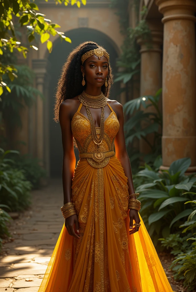 "Generate a photorealistic image of a regal African woman in her mid-20s, standing tall in an opulent, overgrown ancient courtyard. She has radiant dark skin, high cheekbones, and eyes full of wisdom and strength. She is dressed in a luxurious, flowing traditional gown of deep gold, adorned with intricate patterns and beaded accents. Her elaborate hairstyle is complemented by a stunning, gold-encrusted crown that signifies her royal heritage. She wears traditional African jewelry, including layered necklaces, bracelets, and ornate earrings. The setting features dense tropical foliage and crumbling stone pillars, creating a mystical, timeless atmosphere. The lighting should create a warm, golden glow, enhancing the richness of her attire and the serene beauty of the scene."
