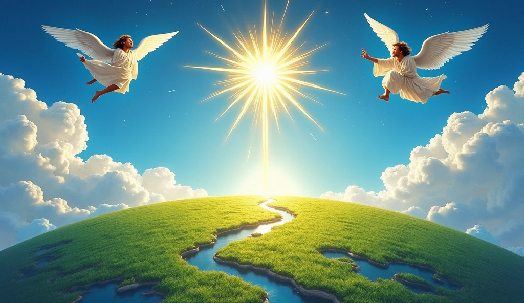 A symbolic image showing Solomon as an intermediary between heaven and earth. Elements like angels and clouds above, and the earth with its riches below. Contrasting colors between the blue of the sky and the green of the earth.