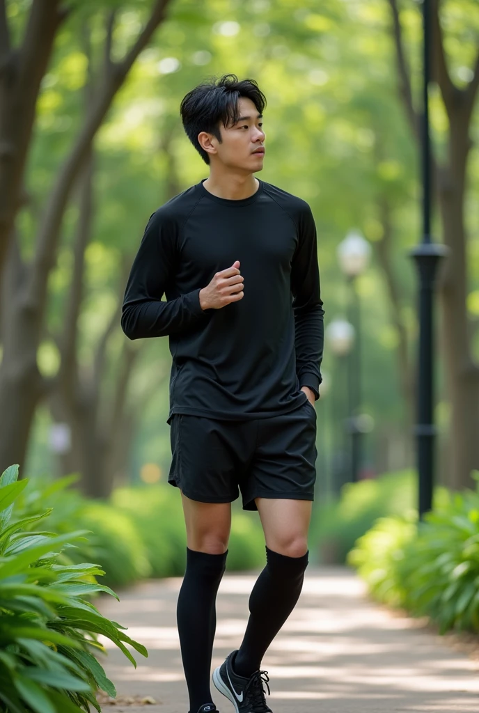 Public parks in Thailand, South Korean man, Wear black sports shorts, Wearing a black long-sleeved sports shirt, Sportswear ,Black knee-length socks