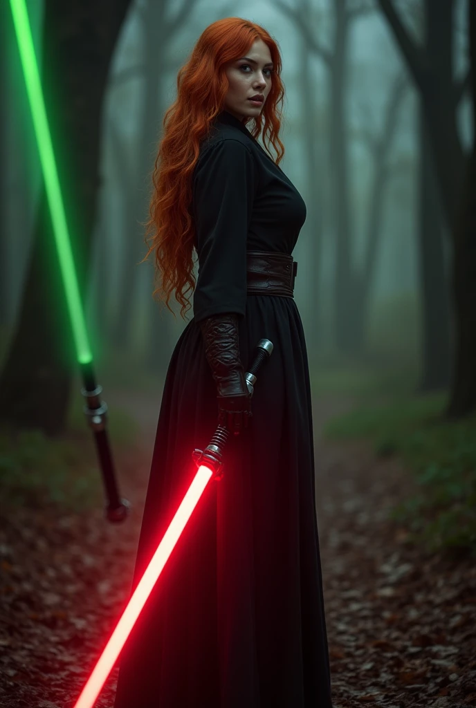 (full body shot:1) photorealistic image of a (standing pose:1) ultrarealistic, photography, long red hair, woman, 24 years old, hourglass figure, perfect body, seductive look, natural medium breasts, blur background, in complete darkness, she is wearing a sith robe, she is holding a red lightsaber, the lightsaber is the only lightsource, in the woods, crossing her lightsaber with a green lightsaber coming from offscreen