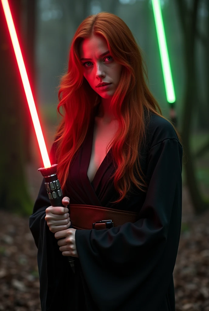 (full body shot:1) photorealistic image of a (standing pose:1) ultrarealistic, photography, long red hair, woman, 24 years old, hourglass figure, perfect body, seductive look, natural medium breasts, blur background, in complete darkness, she is wearing a sith robe, she is holding a red lightsaber, the lightsaber is the only lightsource, in the woods, crossing her lightsaber with a green lightsaber coming from offscreen