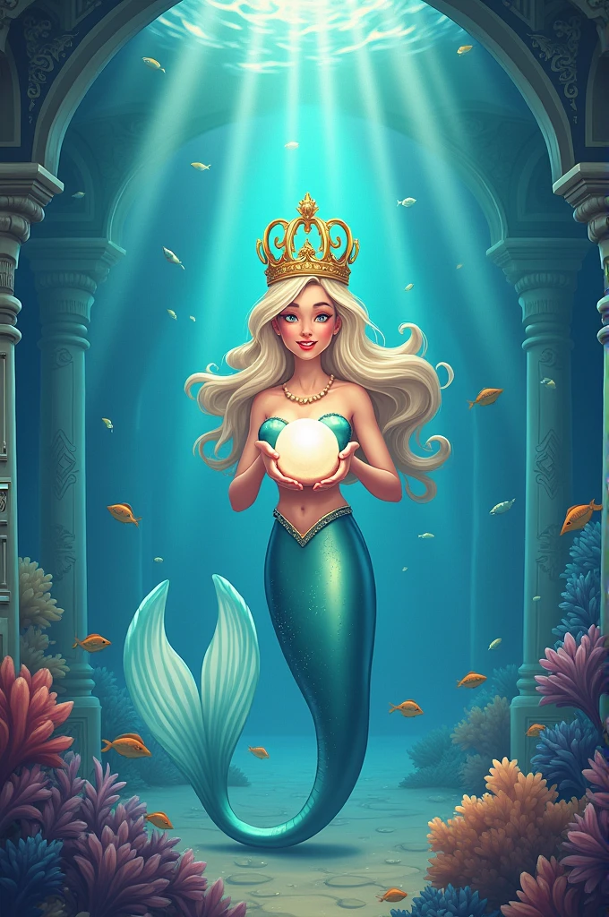A cartoon-style drawing of The Queen of the Sea receiving the pearl and placing it in a crown made of shells. When the pearl is put in its place, it starts to shine brightly, and the waters around the palace light up with a magical light, bringing back serenity to the ocean.