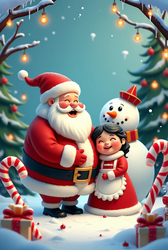 Santa Claus with his chubby wife, black hair,Snowman, candy canes,