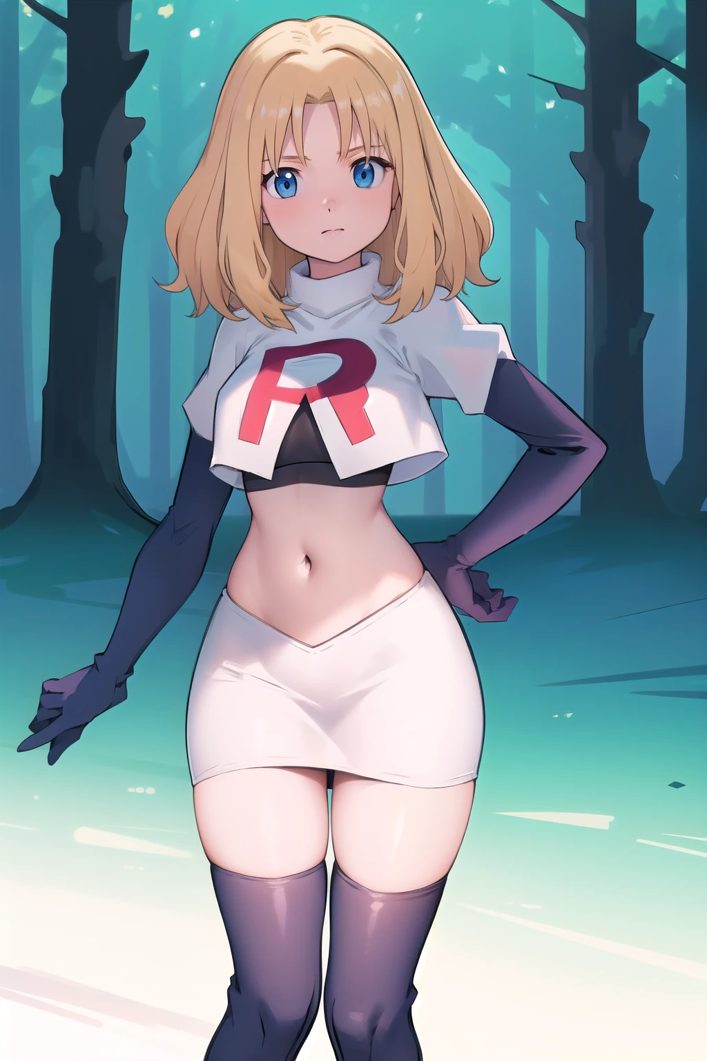 1girl, sxhelen, blonde hair, medium hair, blue eyes, team rocket,team rocket uniform,white skirt,red letter R,crop top,black thigh-highs,black elbow gloves, forest,