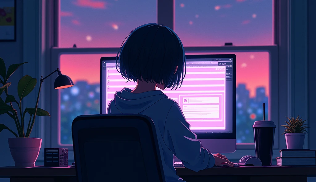 Inside the room Emotional computer dtm bob hair Near future Girl dawn An illustration Anime Style Back view Face not shown