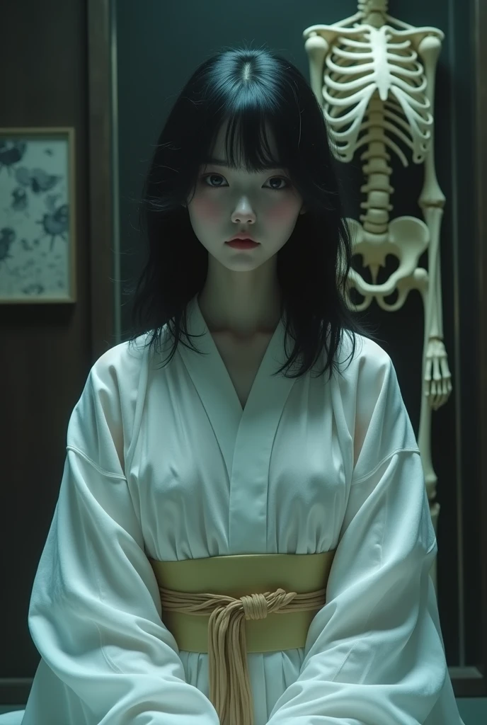 Japanese medium-long black hair stuffed animal girl、A white yukata made of thin, almost transparent fabric、Dimly lit human taxidermy studio、A partially skeletal human taxidermy in the making is in the background.