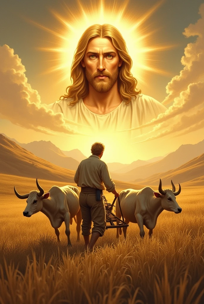 Create an icon of a humble blond peasant he is working in a vast, hilly field, guiding a plow through the land with oxen. He is dressed in simple clothes, like a linen shirt and worn pants, while holding the plow firmly. In front, the oxen are pulling the plow wildly.. In the sky above him, instead of the common sun, there is an iconic image of the face of Jesus Christ. Jesus is depicted as a radiant figure, with a golden halo around his head, hands outstretched in blessing, emanating light that illuminates the field. The scene is peaceful and serene, with warm tones of golden light, symbolizing divinity and blessing on the peasant&#39;s work.