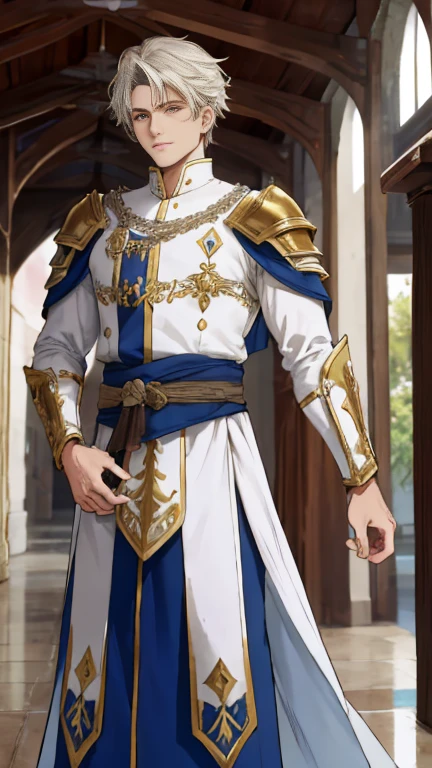 He wears a tunic crafted from a luxurious, yet resilient fabric, designed not only for comfort but also for its durability in combat. The garment, pristine white in hue, symbolizes purity and holiness, its long, flowing silhouette reminiscent of the graceful lines of ancient Greek chitons. Adorning the tunic are intricate blue patterns on the shoulders, adding a touch of nobility and distinction to his attire. Beneath this outer layer, he dons a lightweight yet exceptionally durable armor that envelops his entire form. Crafted from a unique metal alloy, the armor combines flexibility with formidable protection against impacts and blades alike. Its ingenious design ensures unrestricted mobility while safeguarding vital areas with robust defense. The seamless blend of elegance in the tunic and functionality in the armor not only underscores his physical prowess but also mirrors his unwavering dedication to lofty ideals. This ethos is further echoed in the choice of serene colors and a style reminiscent of classical heroes. Additionally, he wears the armor beneath his garments, ready to defend with quiet resolve.