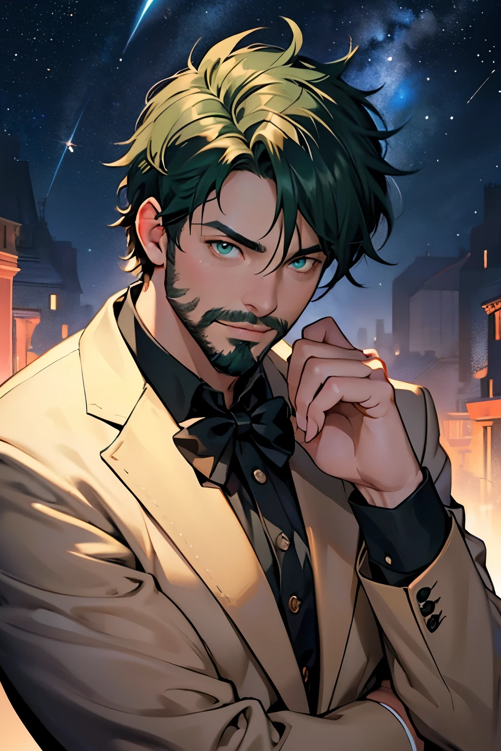 ((best quality)), ((masterpiece)), (detailed), perfect anatomy, highly detailed feet, highly detailed toe and toenails, highly detailed hands, highly detailed fingers and fingernails, highly detailed human ears, highly detailed face, highly detailed eyes, highly detailed nose, highly detailed mouth, highly detailed hair, highly detailed skin, highly detailed tongue, meitu, beetlejuice, anime, manga style, alex brightman starring as beetlejuice,1boy, aurora, beard, black bow, black bowtie, bow, bowtie, facial hair, formal, green eyes, green hair, male focus, mustache, night, night sky, realistic, shooting star, sky, solo, space, sparkle, star (sky), starry sky, suit, tuxedo, wlop, guweiz, meitu