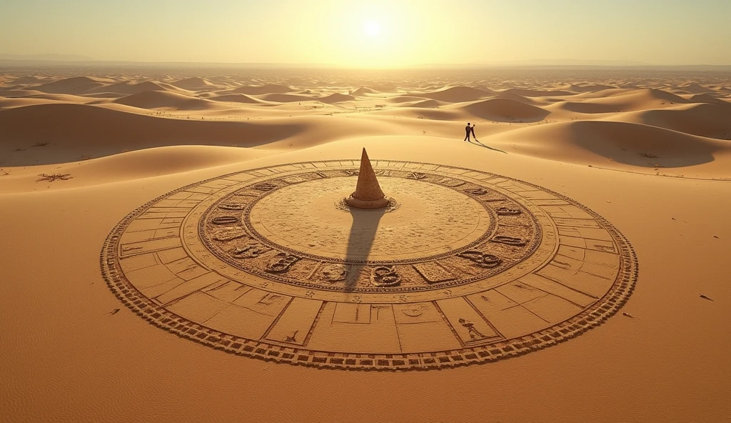 Conceptual photo of a sundial in a desert, projecting fractured memory scenes onto sand, distorted emotional moments, wide-angle framing, barren desert landscape, harsh midday lighting with strong shadows, bird's eye view, shot on a high-resolution digital camera with tilt-shift lens, (desaturated colors:1.2), in style of Andreas Gursky