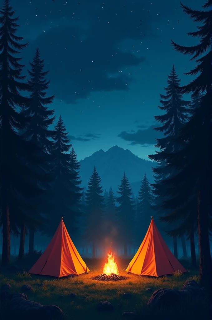 Create a serene nighttime camping scene set in a dense forest. The focal point should be two glowing triangular tents positioned on either side of a central campfire, with the firelight casting a warm glow on the surrounding grassy area. Towering pine trees encircle the campsite, adding a sense of seclusion and tranquility. Above, depict a deep blue night sky filled with countless stars and a few wispy clouds that reflect a soft light, evoking a peaceful and awe-inspiring atmosphere. The overall mood should be calm, peaceful, and deeply connected with nature.