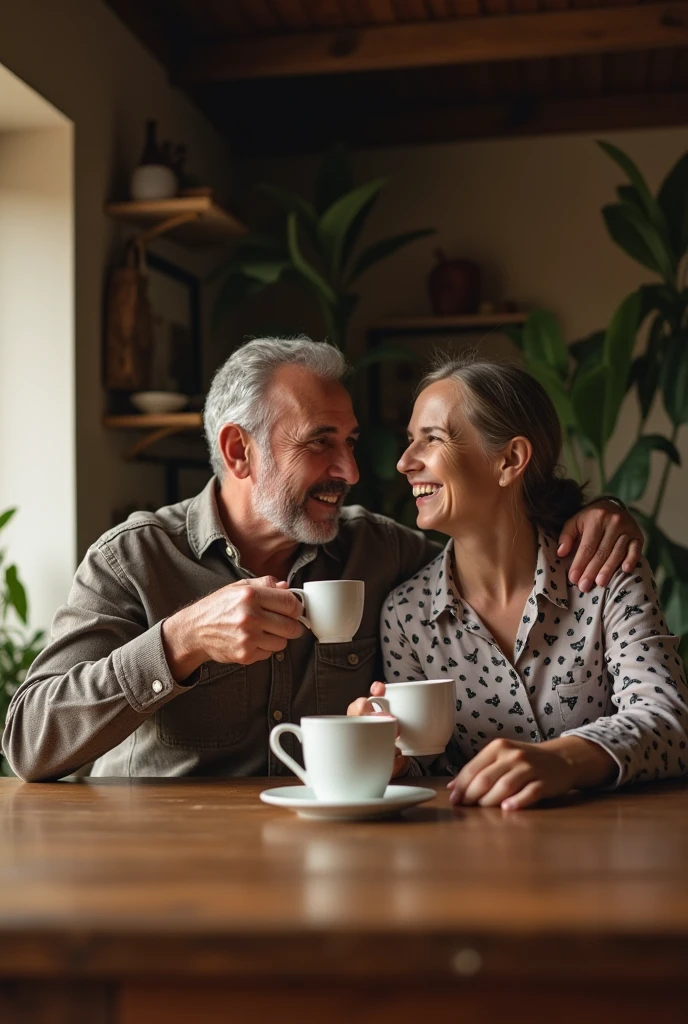 Father and daughter laughing and drinking coffee, a cozy environment that looks like grandma's house with a mix of Brazilian northeastern house. A moment between father and daughter calls for a good coffee! they close and happy.
