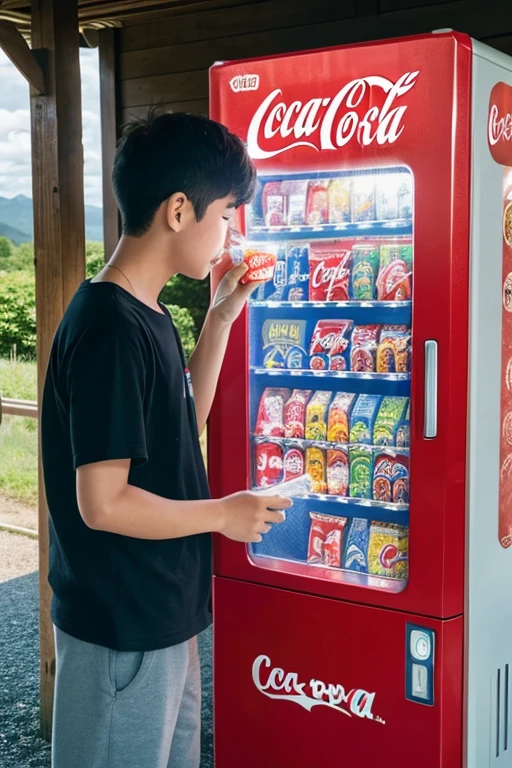 A boy drinking a Coke from a vending machine with gusto,Japanese countryside,summer,cumulonimbus