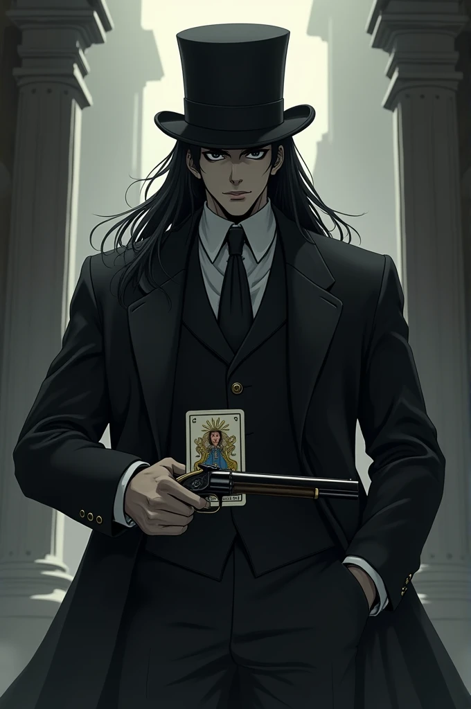 black eyes and cold,straight and long black hair,body of a deity,empty look at the powerful,naughty man,classic 19th century suit,shows the whole body,and he using a 19th century pistol,less masculine face and more cold and emotionless,wearing a top hat and holding a fool's card,tarot card,anime image,he shooting himself in the head