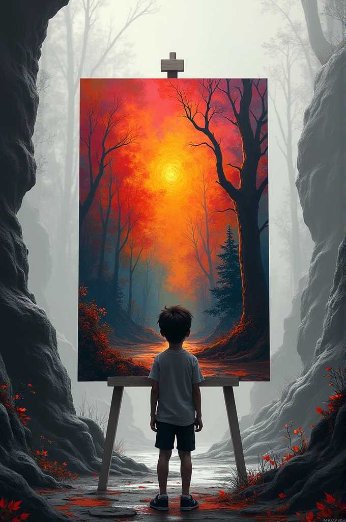 A boy with his back to a black and white world looking at a colorful painting