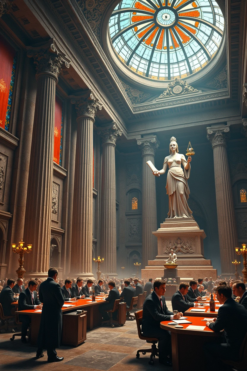A captivating cinematic poster of an ancient temple that resembles a grand bank. The building features massive columns, intricate carvings, and arched windows. Upon entering, one is greeted by a large stained-glass dome that floods the interior with sunlight, casting rays onto a towering statue of a beautiful yet stern goddess. She holds a scroll in one hand and a set of scales in the other. The surroundings include a podium reminiscent of a stock exchange, a bowl for offerings, and polished granite flooring. The walls are adorned with numerous bas-reliefs depicting trade, legal proceedings, office work, and gambling.The similarity to a stock exchange emphasizes the bustling atmosphere. Numerous tables line the perimeter, where parishioners are engaged in discussing business and completing various documents. Priests dressed in business attire, photo, cinematic, illustration, poster