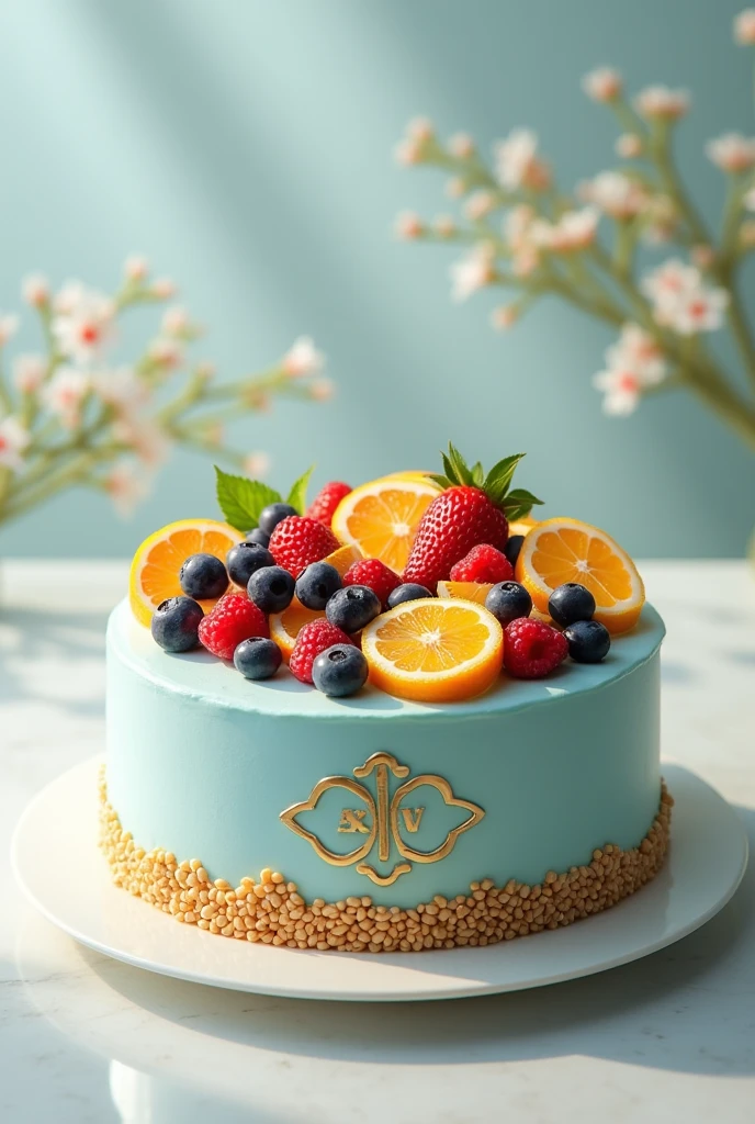 A sesame cake with a brand logo decorated with light blue cream with fruits on top that has more sesame spread