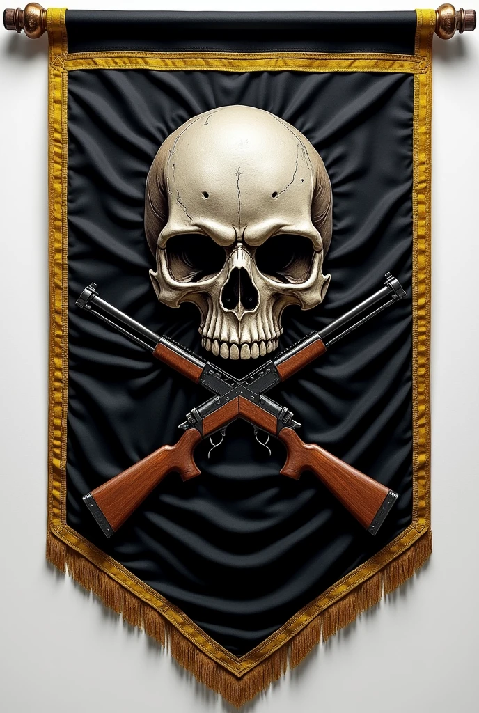 Make a triangular flag and have it vertical and have the background be black and the edges be gold.. And it has a skull embroidery in the center and crossed rifles.